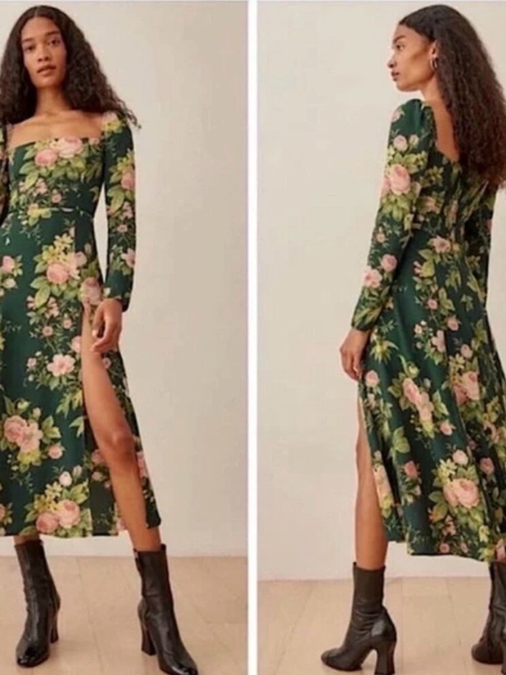Reformation Sigmund Floral Long Sleeve Midi Dress Green Rose Print XS
